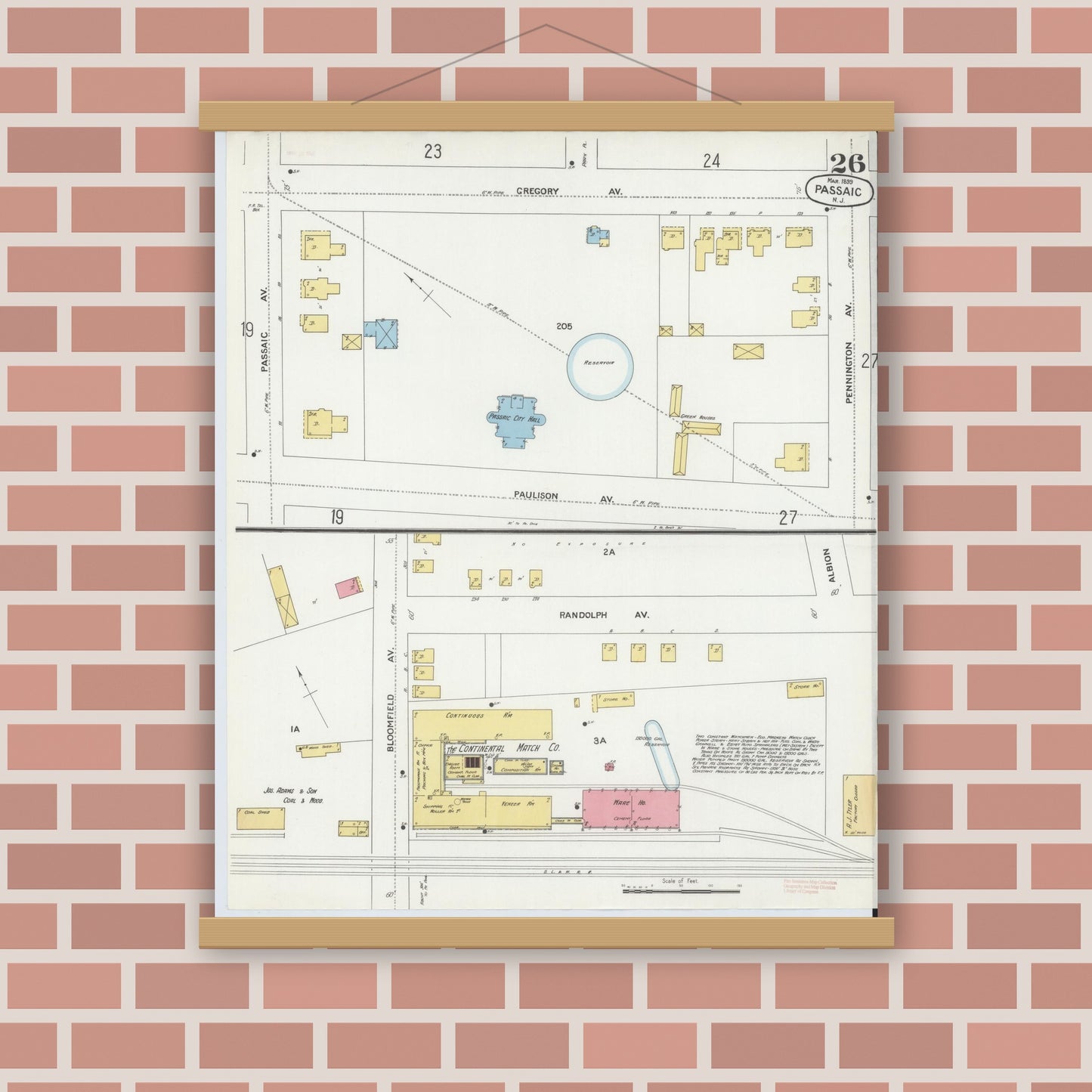 Old map wall art mockup — magnetic wood frame on brick wall — Sanborn Fire Insurance Map from Passaic, Passaic County, New Jersey (1899), Sheet #0026