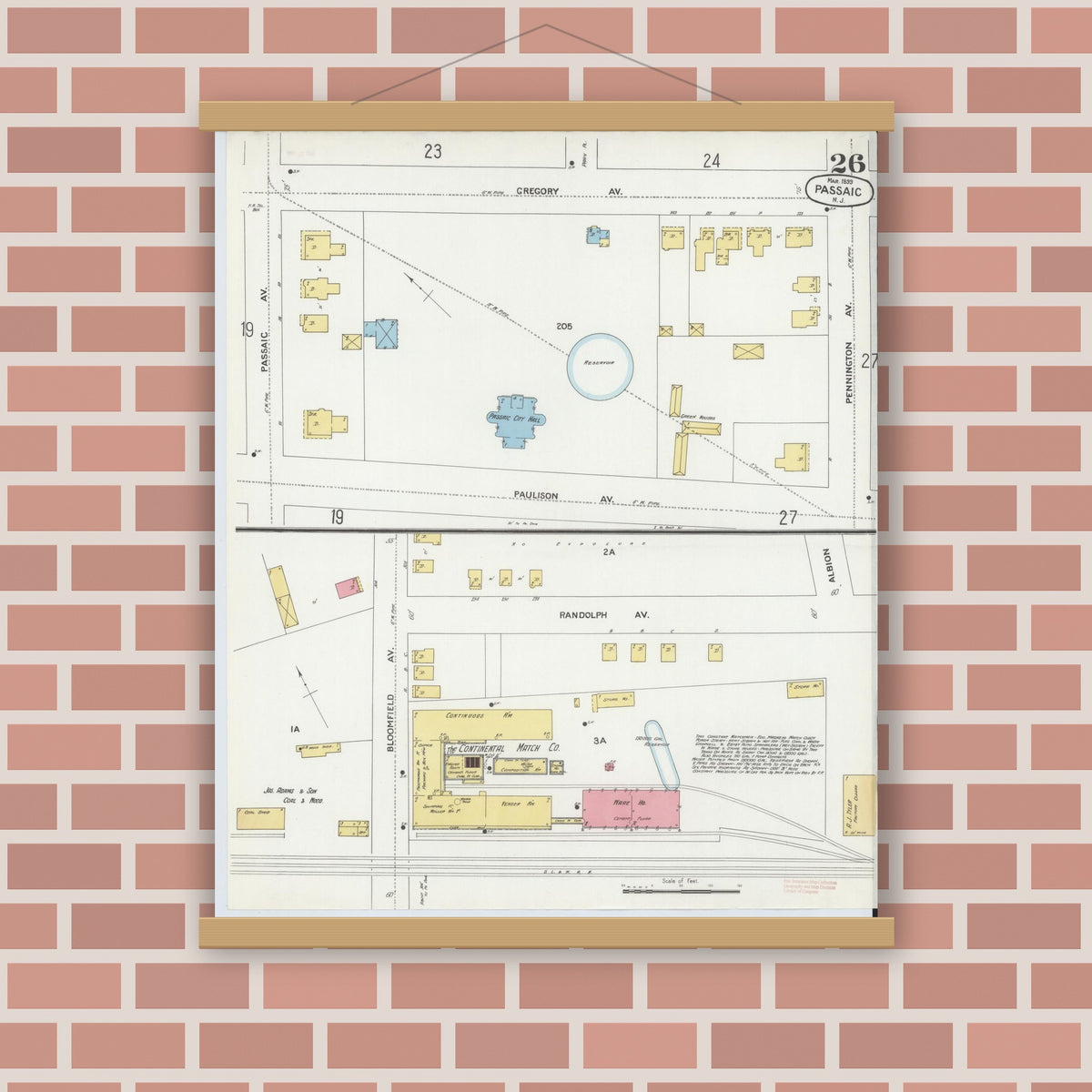 Old map wall art mockup — magnetic wood frame on brick wall — Sanborn Fire Insurance Map from Passaic, Passaic County, New Jersey (1899), Sheet #0026
