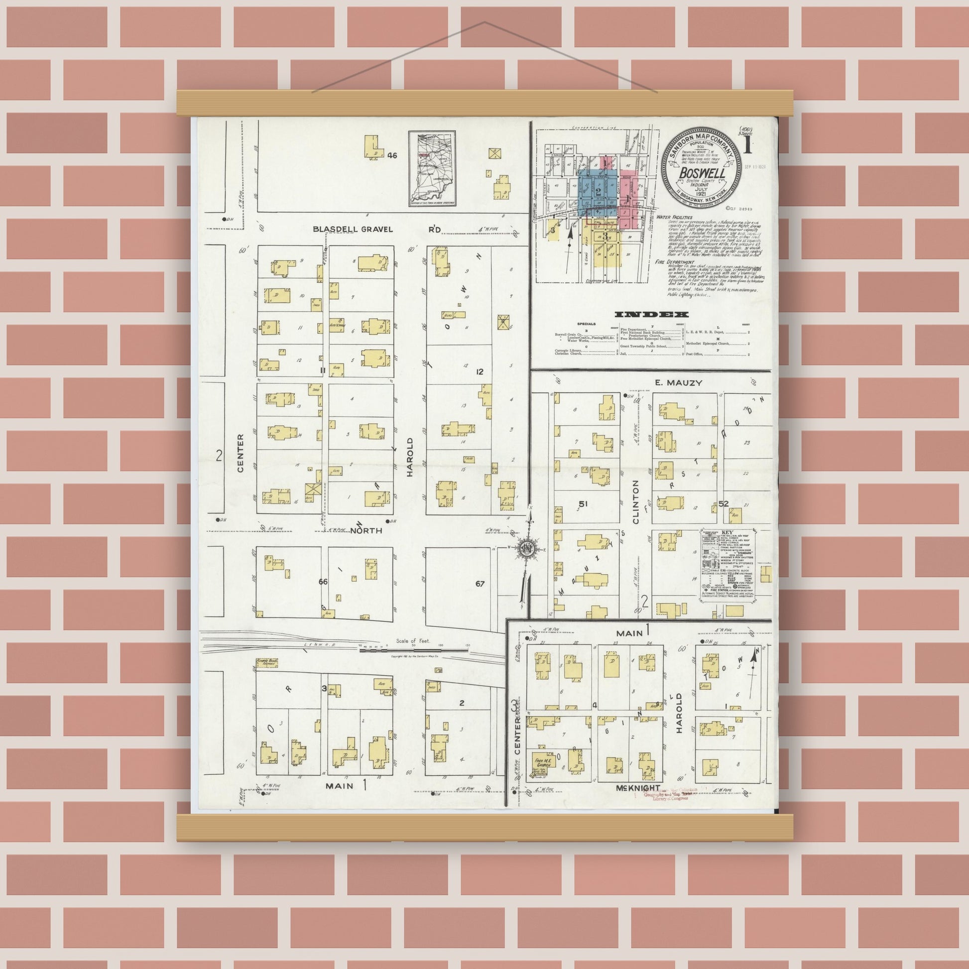 Old map wall art mockup — magnetic wood frame on brick wall — Sanborn Fire Insurance Map from Boswell, Benton County, Indiana (1921) - Complete Map Set