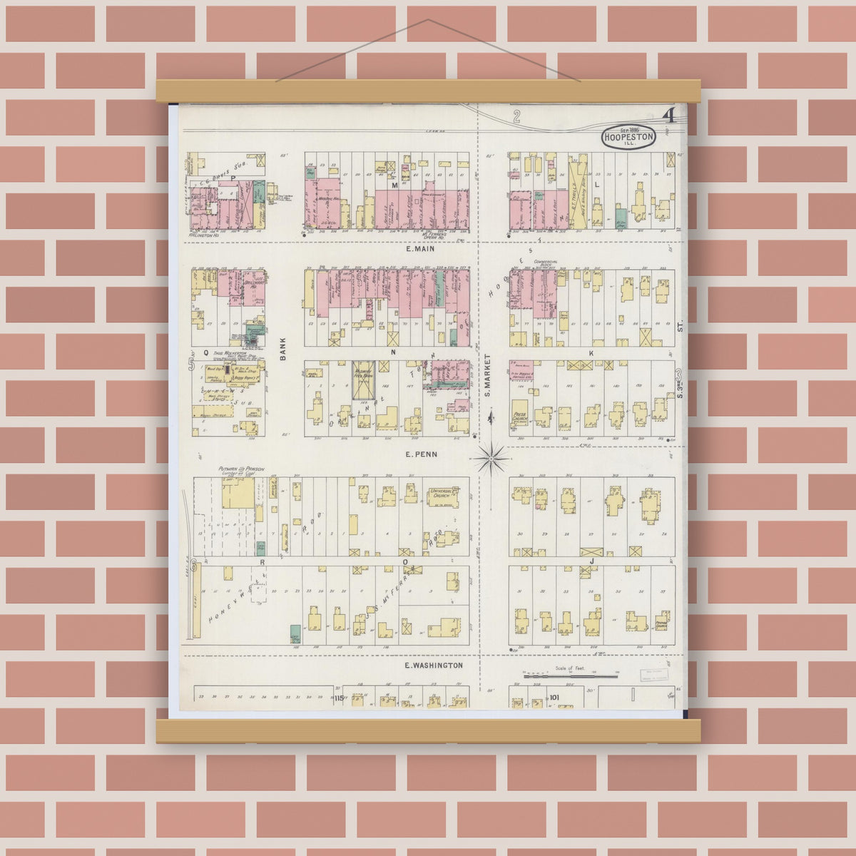 Old map wall art mockup — magnetic wood frame on brick wall — Sanborn Fire Insurance Map from Hoopeston, Vermilion County, Illinois (1895), Sheet #0004