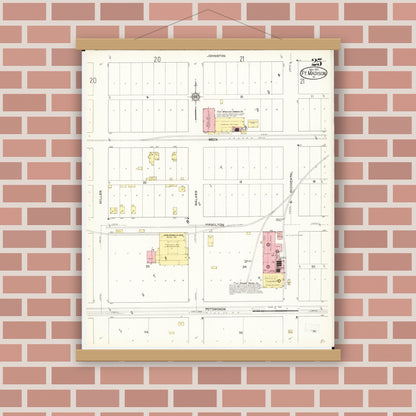 Old map wall art mockup — magnetic wood frame on brick wall — Sanborn Fire Insurance Map from Fort Madison, Lee County, Iowa (1913), Sheet #0025
