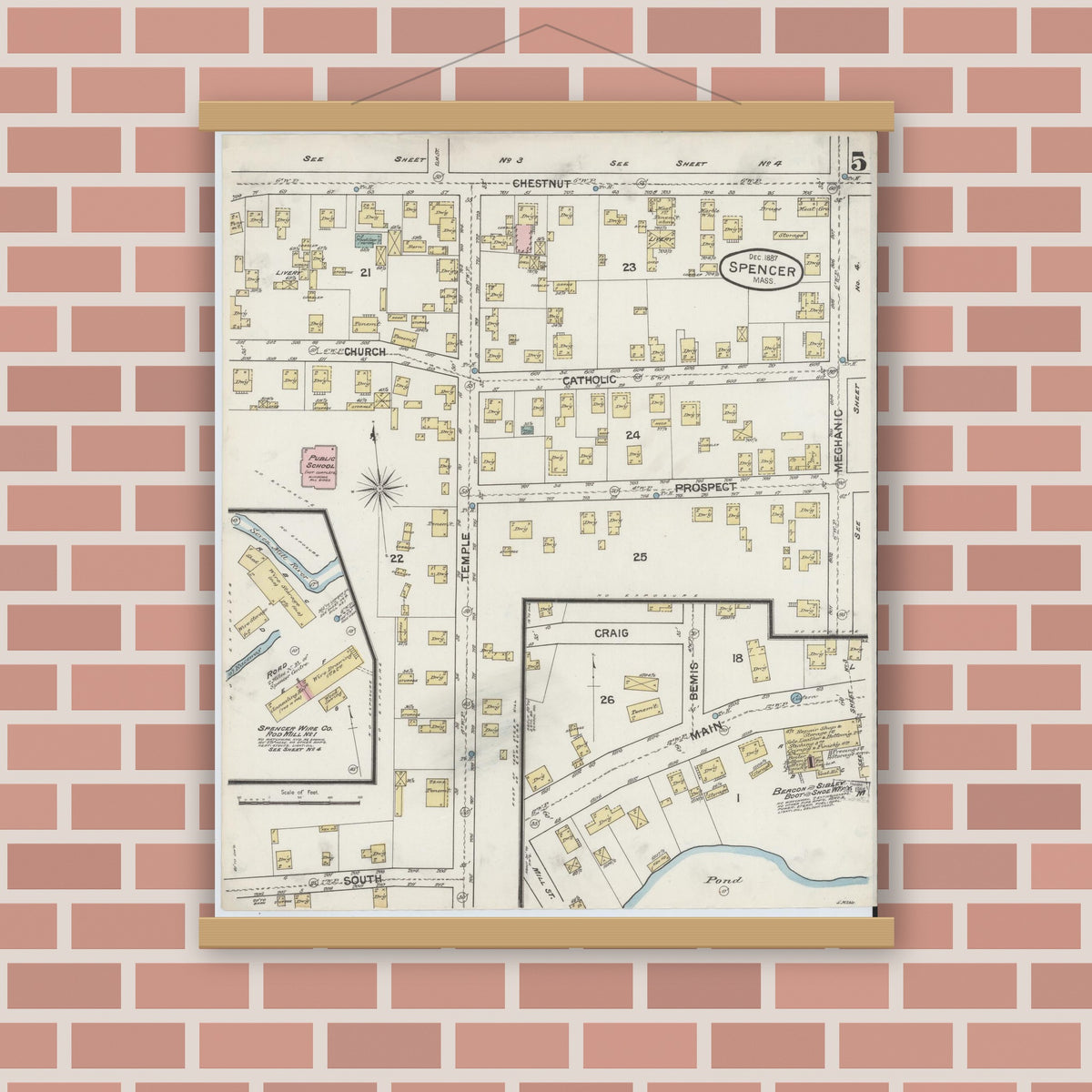 Old map wall art mockup — magnetic wood frame on brick wall — Sanborn Fire Insurance Map from Spencer, Worcester County, Massachusetts (1887), Sheet #0005