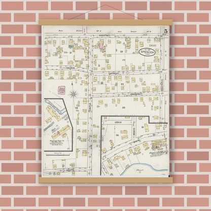 Old map wall art mockup — magnetic wood frame on brick wall — Sanborn Fire Insurance Map from Spencer, Worcester County, Massachusetts (1887), Sheet #0005