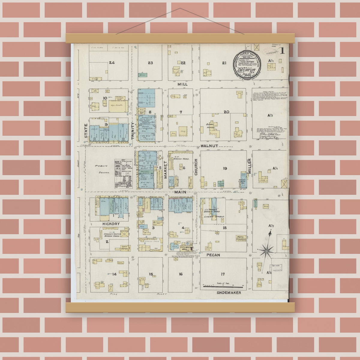 Old map wall art mockup — magnetic wood frame on brick wall — Sanborn Fire Insurance Map from Decatur, Wise County, Texas (1891), Sheet #0001