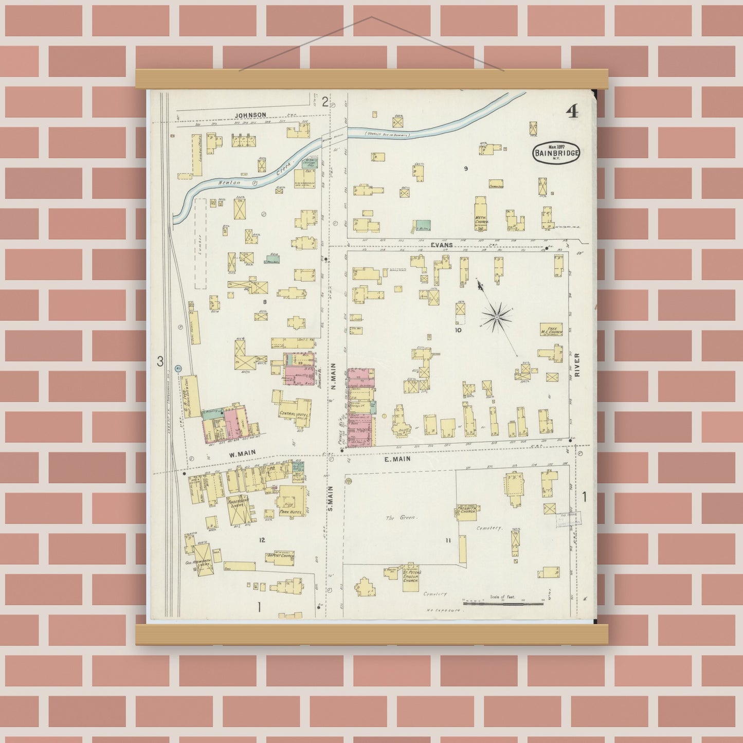 Old map wall art mockup — magnetic wood frame on brick wall — Sanborn Fire Insurance Map from Bainbridge, Chenango County, New York (1897), Sheet #0004