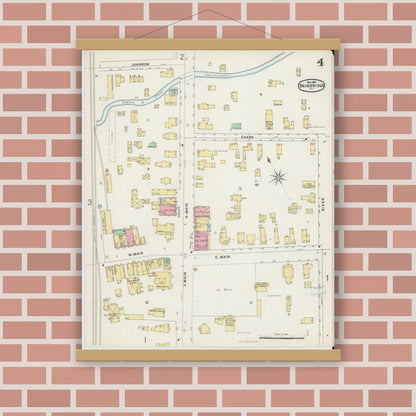 Old map wall art mockup — magnetic wood frame on brick wall — Sanborn Fire Insurance Map from Bainbridge, Chenango County, New York (1897), Sheet #0004
