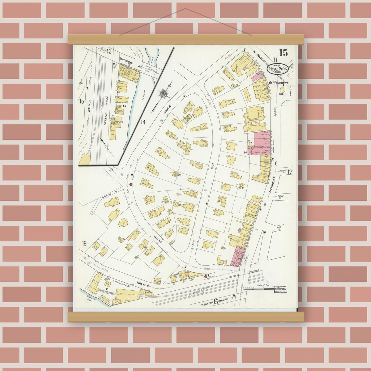 Old map wall art mockup — magnetic wood frame on brick wall — Sanborn Fire Insurance Map from Hyde Park, Norfolk County, Massachusetts (1911), Sheet #0015