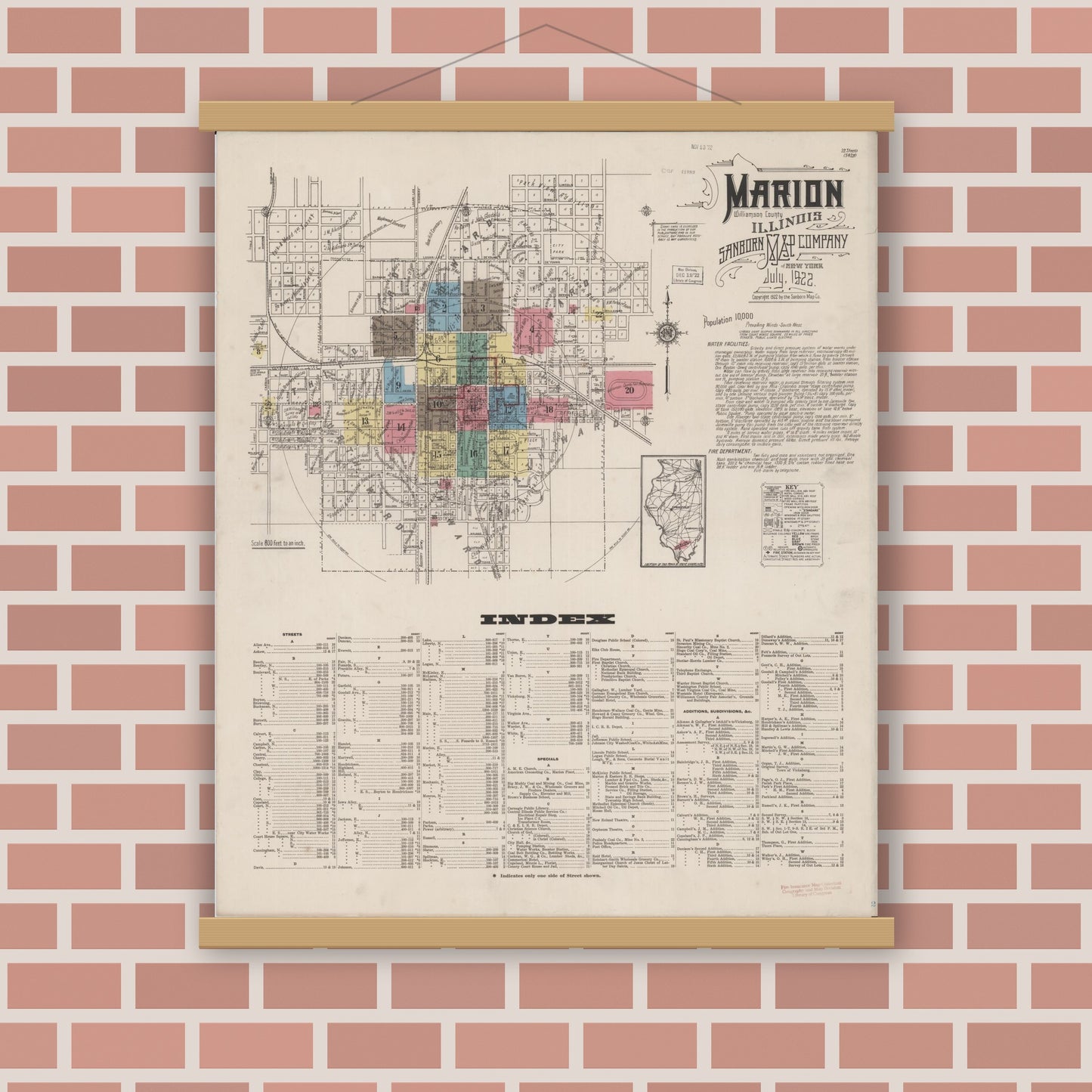 Old map wall art mockup — magnetic wood frame on brick wall — Sanborn Fire Insurance Map from Marion, Williamson County, Illinois (1922), Sheet #0001
