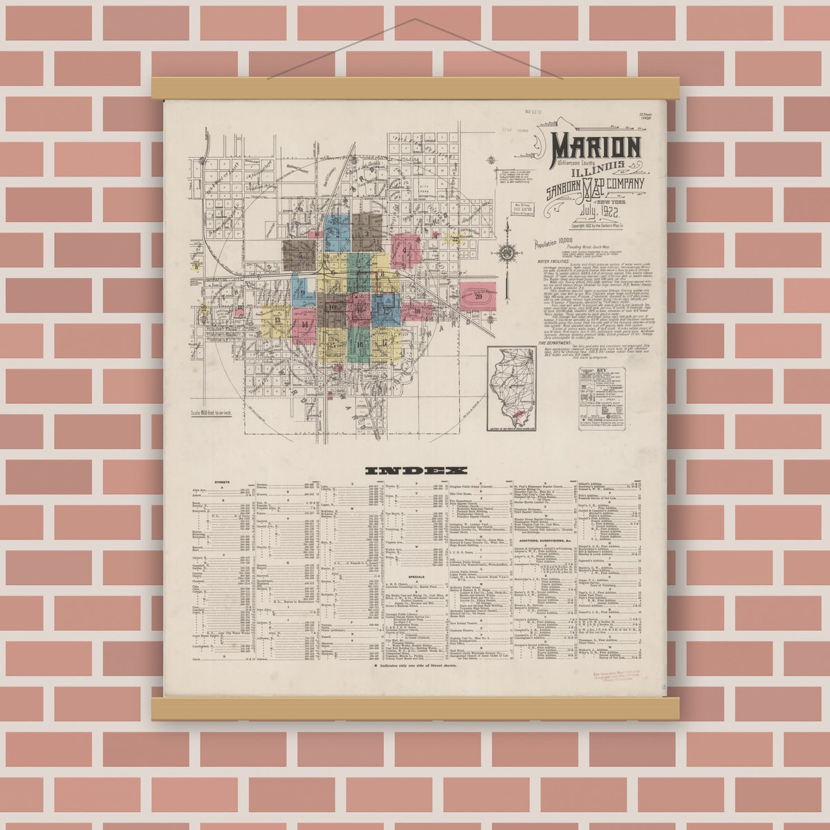 Old map wall art mockup — magnetic wood frame on brick wall — Sanborn Fire Insurance Map from Marion, Williamson County, Illinois (1922), Sheet #0001
