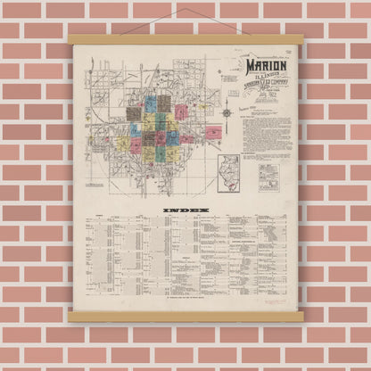 Old map wall art mockup — magnetic wood frame on brick wall — Sanborn Fire Insurance Map from Marion, Williamson County, Illinois (1922), Sheet #0001