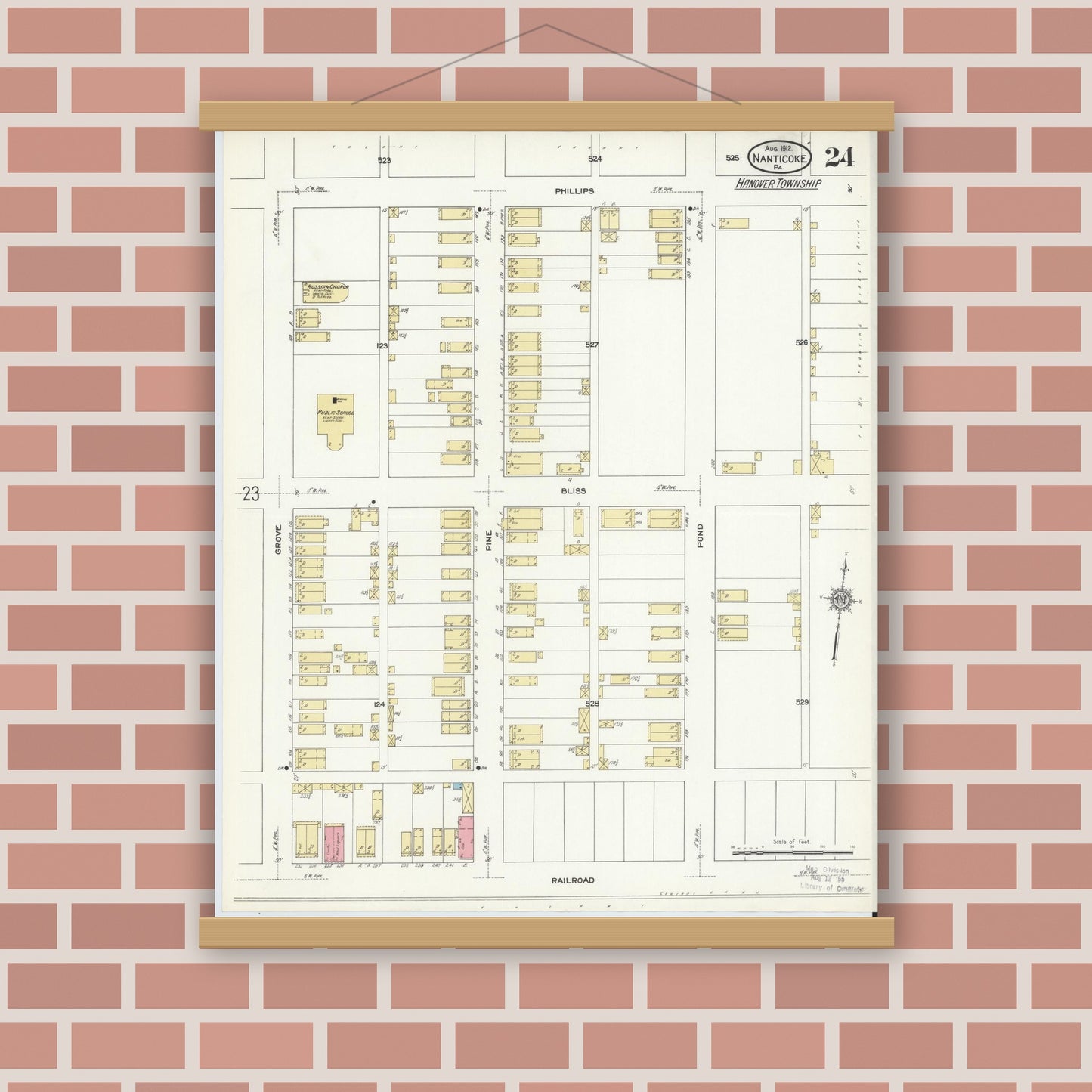 Old map wall art mockup — magnetic wood frame on brick wall — Sanborn Fire Insurance Map from Nanticoke, Luzerne County, Pennsylvania (1912), Sheet #0024
