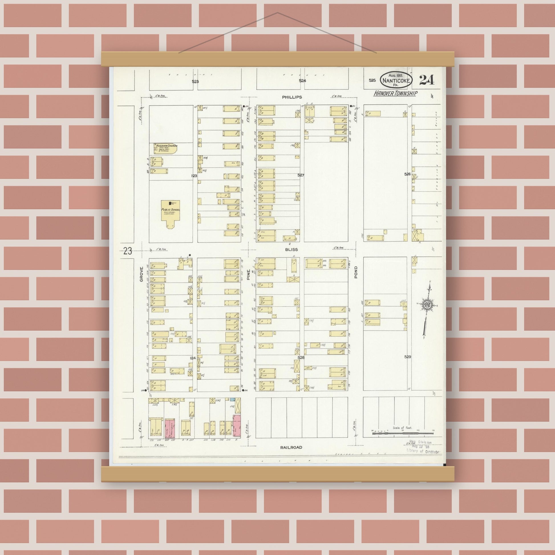 Old map wall art mockup — magnetic wood frame on brick wall — Sanborn Fire Insurance Map from Nanticoke, Luzerne County, Pennsylvania (1912), Sheet #0024