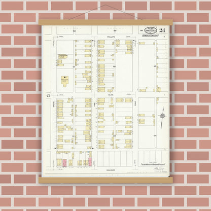 Old map wall art mockup — magnetic wood frame on brick wall — Sanborn Fire Insurance Map from Nanticoke, Luzerne County, Pennsylvania (1912), Sheet #0024