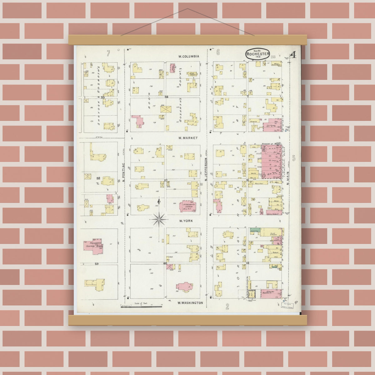 Old map wall art mockup — magnetic wood frame on brick wall — Sanborn Fire Insurance Map from Rochester, Fulton County, Indiana (1895), Sheet #0004