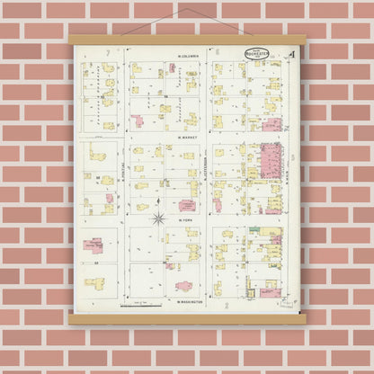 Old map wall art mockup — magnetic wood frame on brick wall — Sanborn Fire Insurance Map from Rochester, Fulton County, Indiana (1895), Sheet #0004