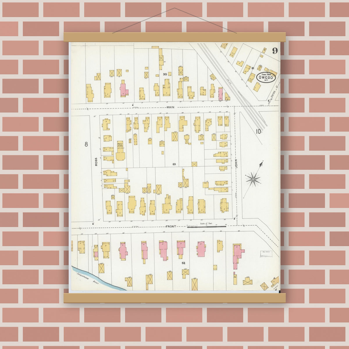 Old map wall art mockup — magnetic wood frame on brick wall — Sanborn Fire Insurance Map from Owego, Tioga County, New York (1904), Sheet #0009