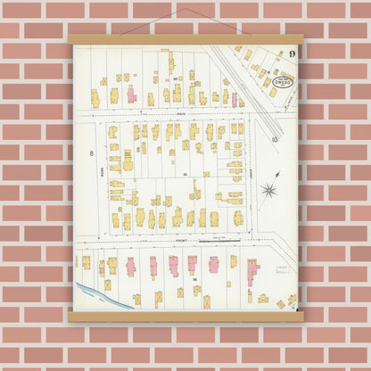 Old map wall art mockup — magnetic wood frame on brick wall — Sanborn Fire Insurance Map from Owego, Tioga County, New York (1904), Sheet #0009