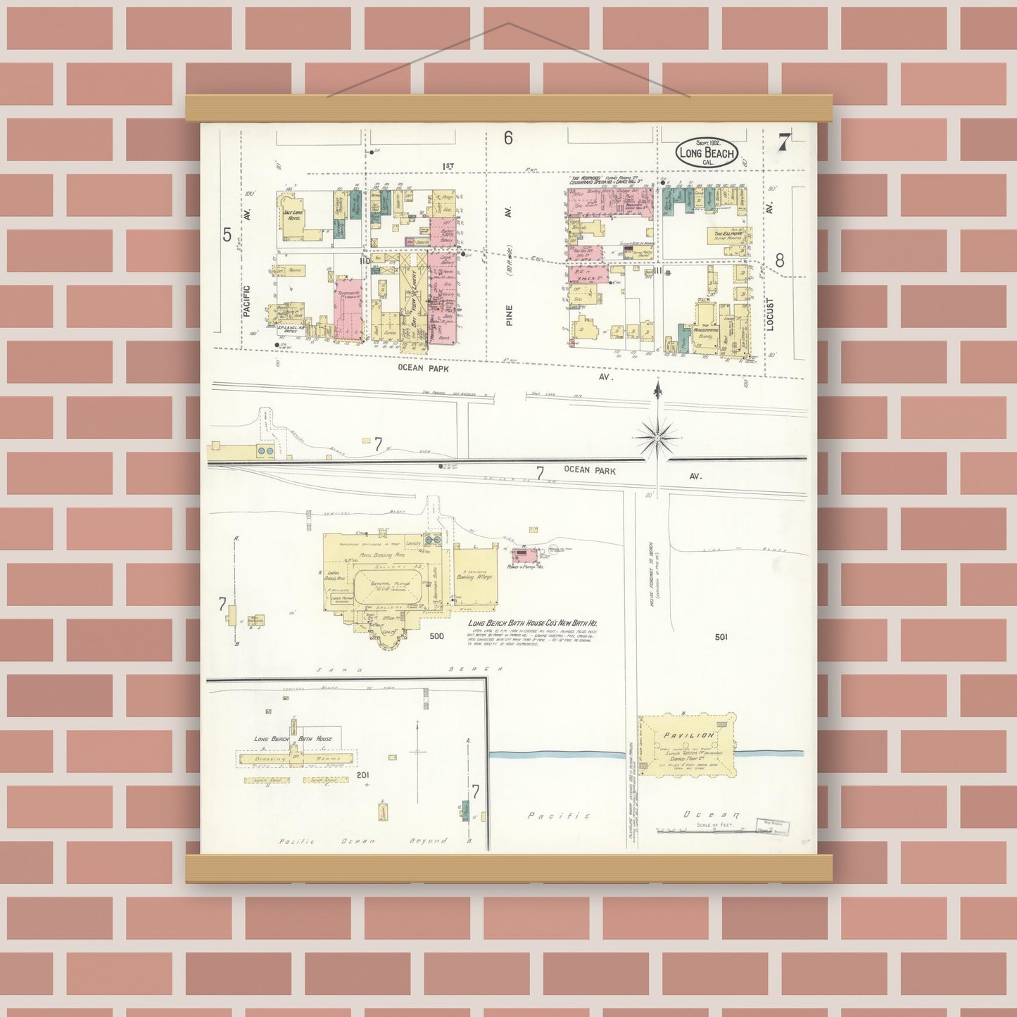 Old map wall art mockup — magnetic wood frame on brick wall — Sanborn Fire Insurance Map from Long Beach, Los Angeles County, California (1902), Sheet #0007