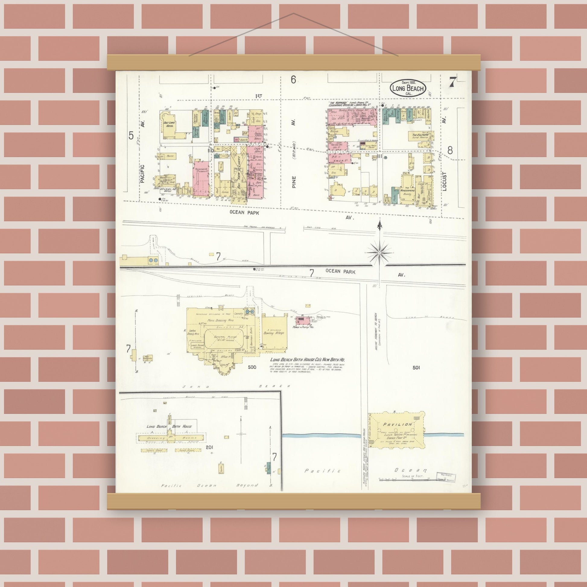 Old map wall art mockup — magnetic wood frame on brick wall — Sanborn Fire Insurance Map from Long Beach, Los Angeles County, California (1902), Sheet #0007