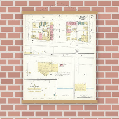 Old map wall art mockup — magnetic wood frame on brick wall — Sanborn Fire Insurance Map from Long Beach, Los Angeles County, California (1902), Sheet #0007