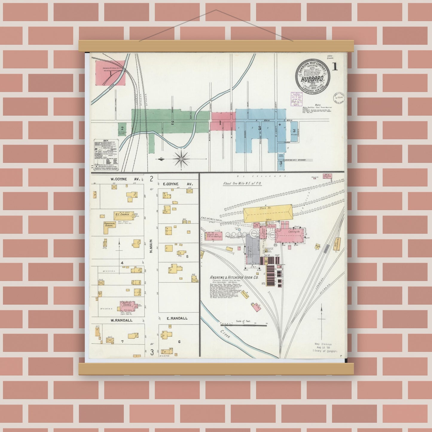 Old map wall art mockup — magnetic wood frame on brick wall — Sanborn Fire Insurance Map from Hubbard, Trumbull County, Ohio (1902) - Complete Map Set