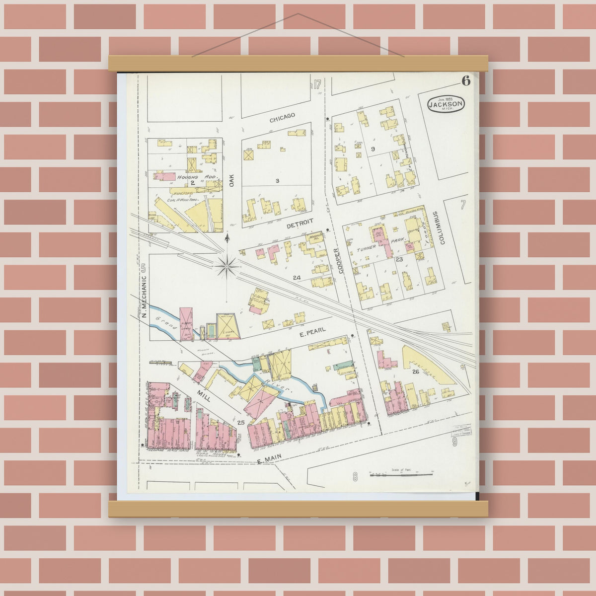 Old map wall art mockup — magnetic wood frame on brick wall — Sanborn Fire Insurance Map from Jackson, Jackson County, Michigan (1893), Sheet #0006