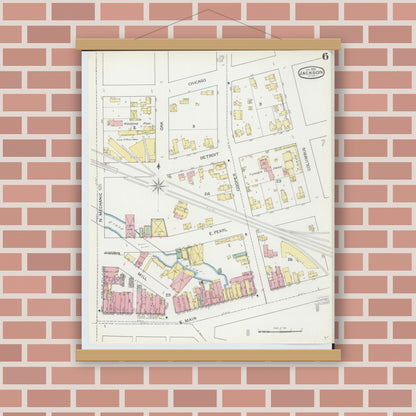 Old map wall art mockup — magnetic wood frame on brick wall — Sanborn Fire Insurance Map from Jackson, Jackson County, Michigan (1893), Sheet #0006