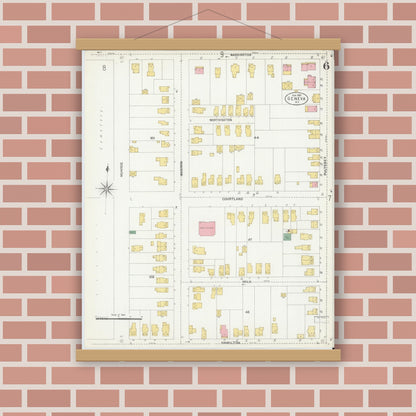 Old map wall art mockup — magnetic wood frame on brick wall — Sanborn Fire Insurance Map from Geneva, Ontario County, New York (1903), Sheet #0006