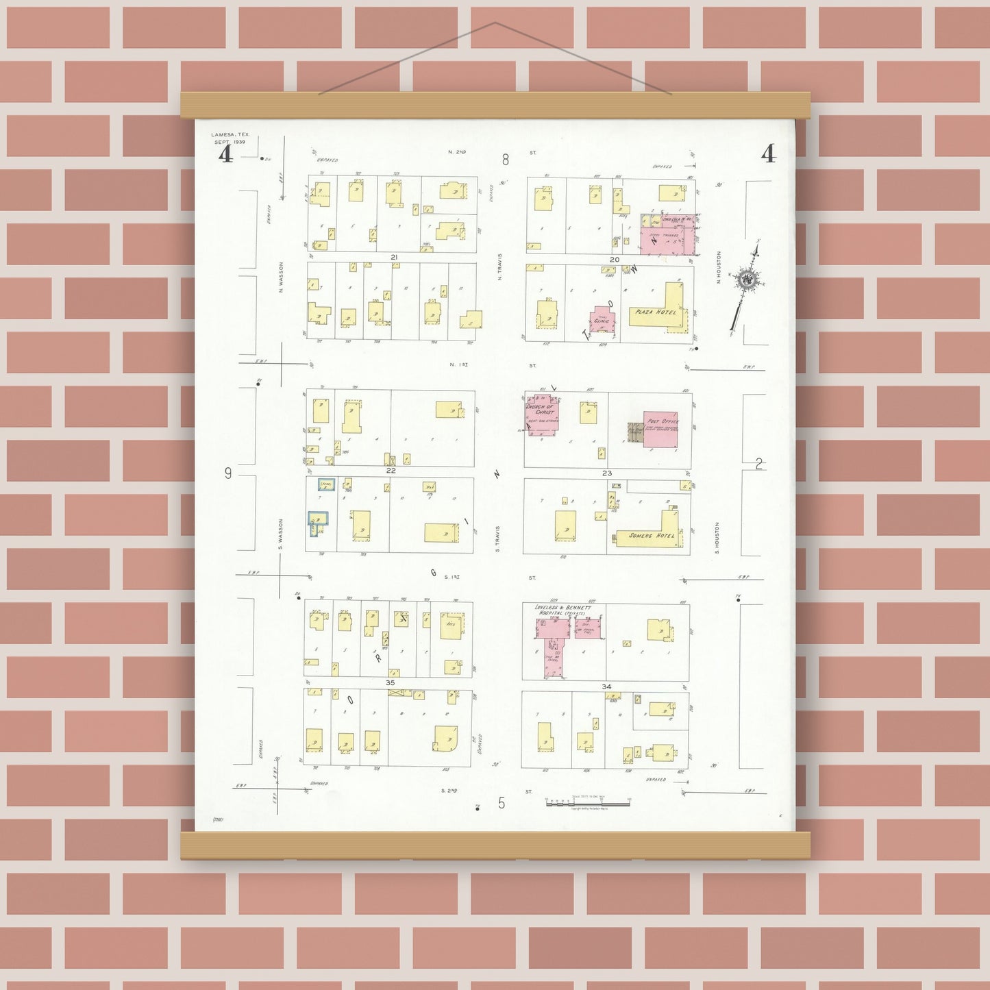 Old map wall art mockup — magnetic wood frame on brick wall — Sanborn Fire Insurance Map from Lamesa, Dawson County, Texas (1939), Sheet #0004