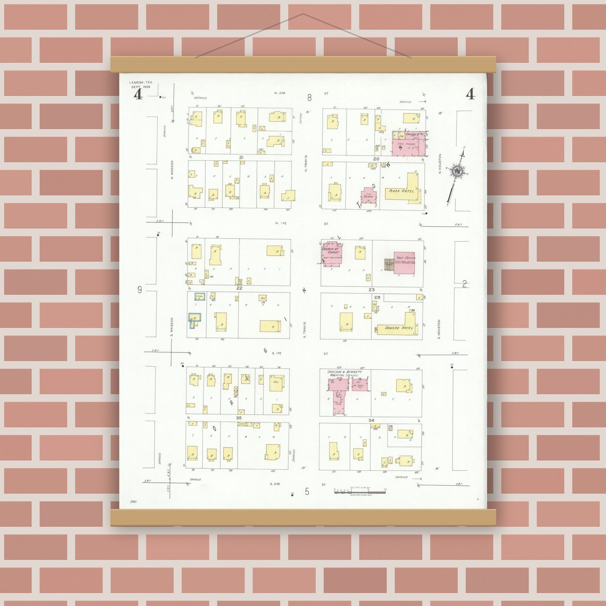 Old map wall art mockup — magnetic wood frame on brick wall — Sanborn Fire Insurance Map from Lamesa, Dawson County, Texas (1939), Sheet #0004