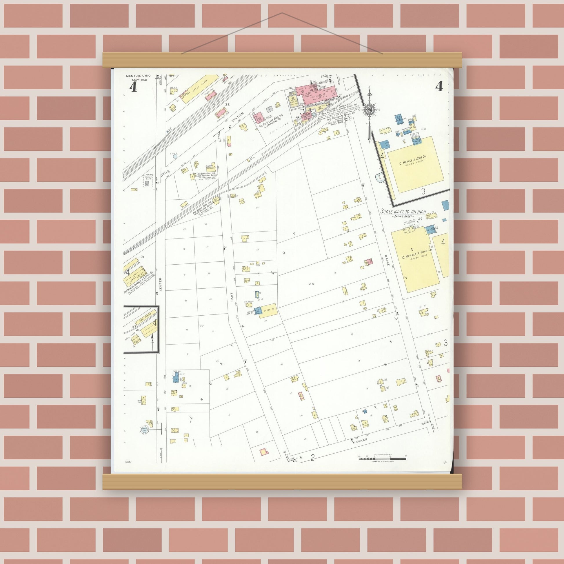 Old map wall art mockup — magnetic wood frame on brick wall — Sanborn Fire Insurance Map from Mentor, Lake County, Ohio (1941), Sheet #0004
