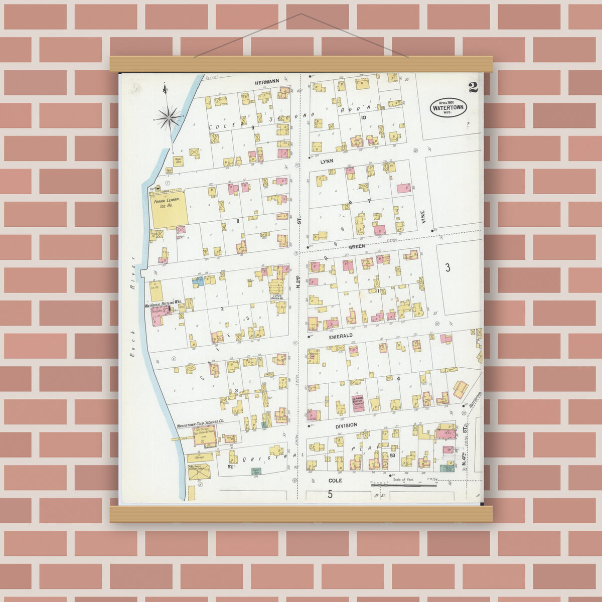 Old map wall art mockup — magnetic wood frame on brick wall — Sanborn Fire Insurance Map from Watertown, Jefferson County, Wisconsin (1901), Sheet #0002