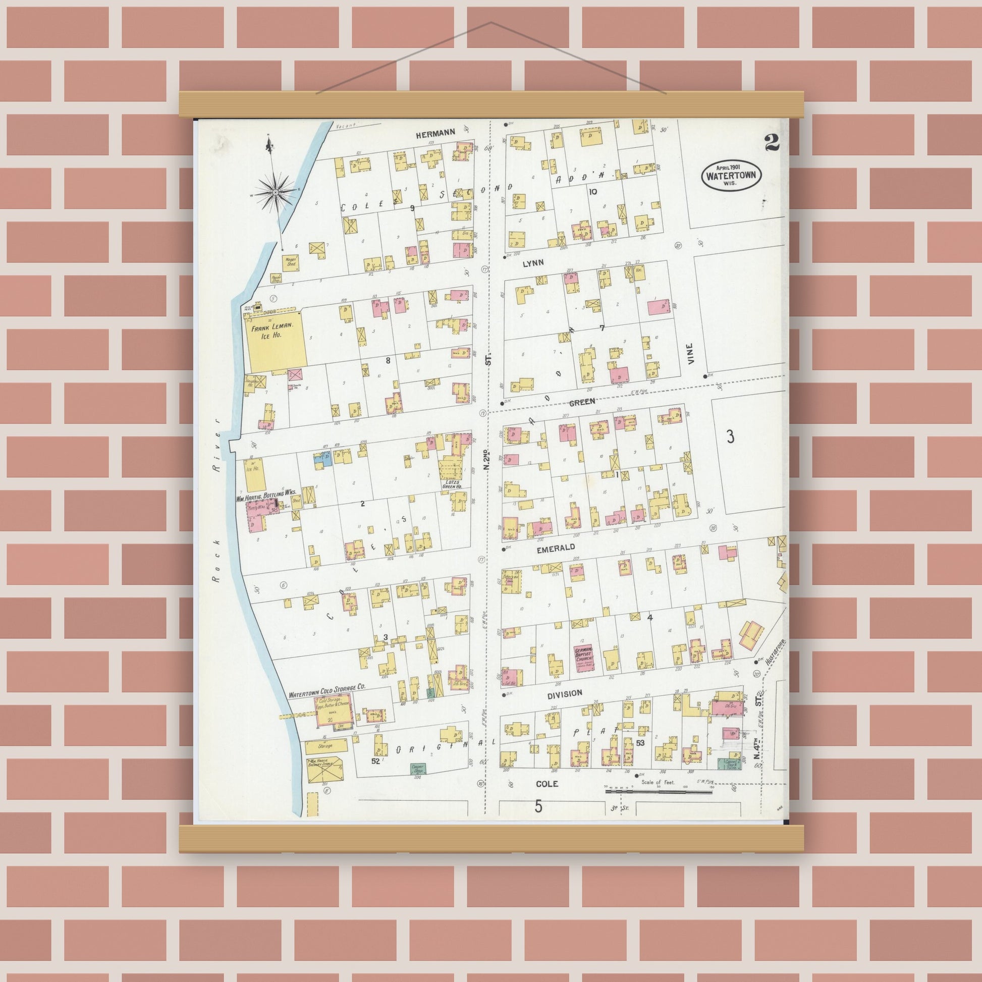 Old map wall art mockup — magnetic wood frame on brick wall — Sanborn Fire Insurance Map from Watertown, Jefferson County, Wisconsin (1901), Sheet #0002