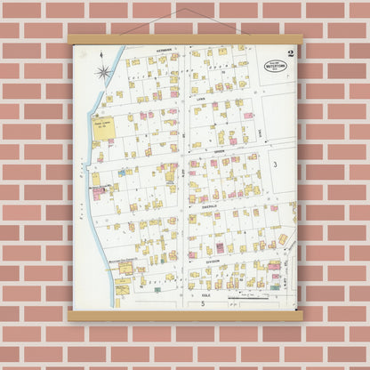 Old map wall art mockup — magnetic wood frame on brick wall — Sanborn Fire Insurance Map from Watertown, Jefferson County, Wisconsin (1901), Sheet #0002