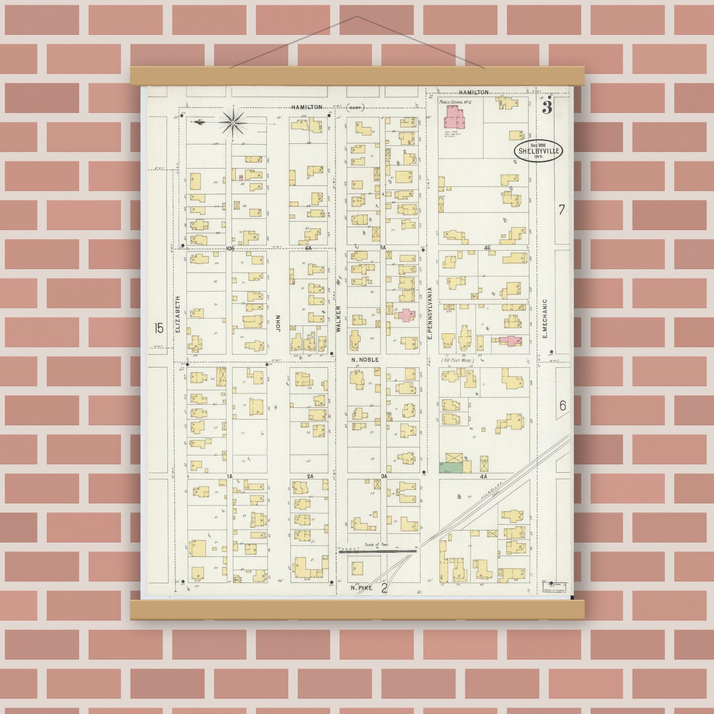 Old map wall art mockup — magnetic wood frame on brick wall — Sanborn Fire Insurance Map from Shelbyville, Shelby County, Indiana (1898), Sheet #0003