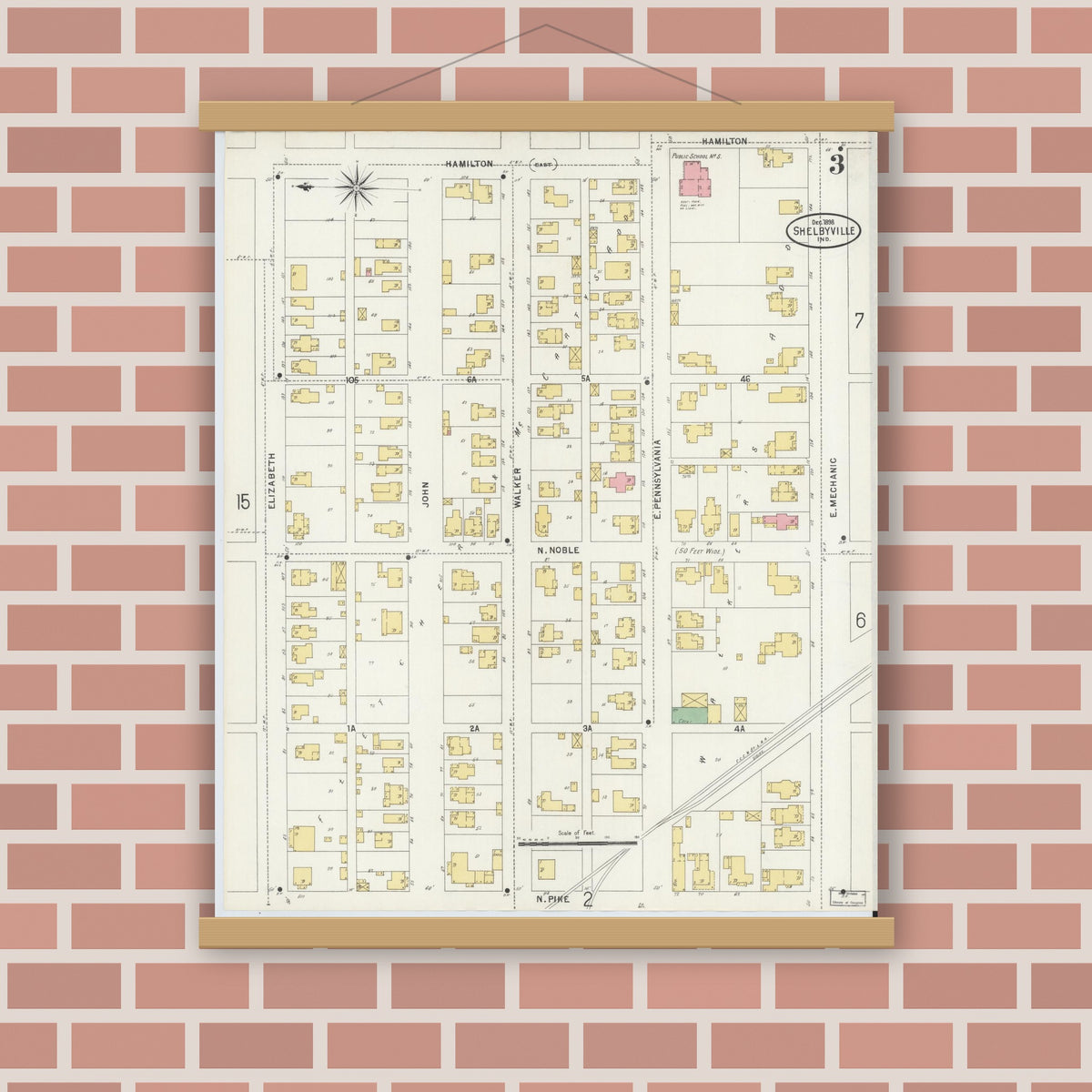 Old map wall art mockup — magnetic wood frame on brick wall — Sanborn Fire Insurance Map from Shelbyville, Shelby County, Indiana (1898), Sheet #0003