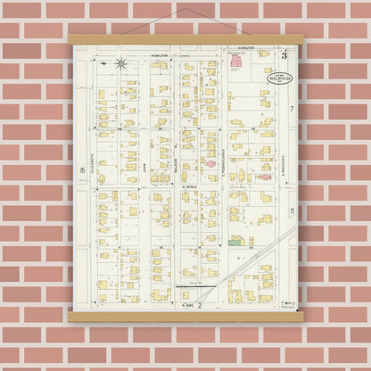 Old map wall art mockup — magnetic wood frame on brick wall — Sanborn Fire Insurance Map from Shelbyville, Shelby County, Indiana (1898), Sheet #0003