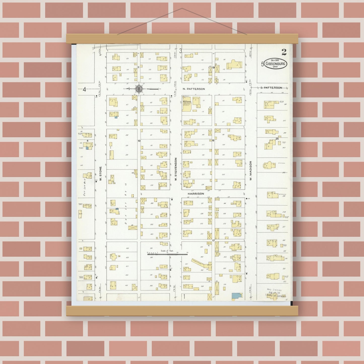 Old map wall art mockup — magnetic wood frame on brick wall — Sanborn Fire Insurance Map from Gibsonburg, Sandusky County, Ohio (1910), Sheet #0002