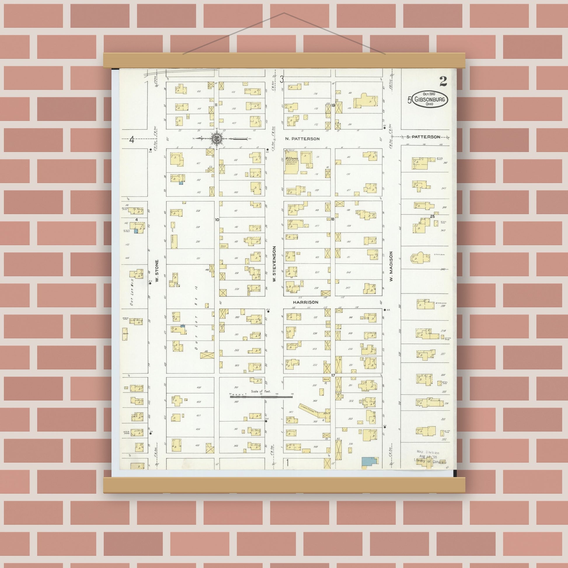 Old map wall art mockup — magnetic wood frame on brick wall — Sanborn Fire Insurance Map from Gibsonburg, Sandusky County, Ohio (1910), Sheet #0002