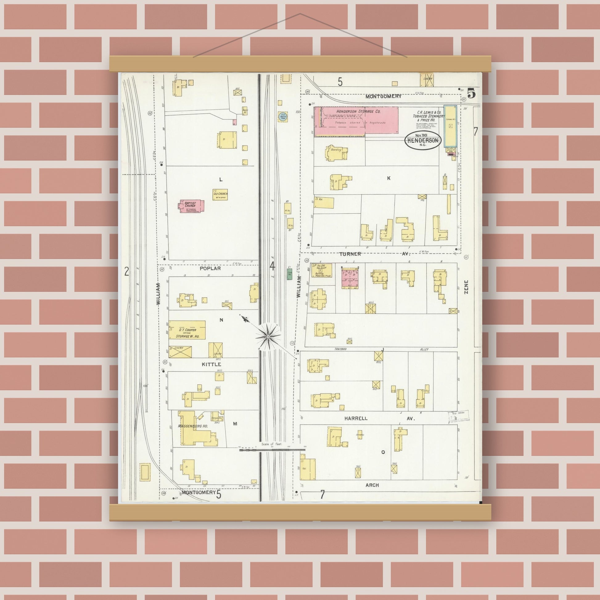Old map wall art mockup — magnetic wood frame on brick wall — Sanborn Fire Insurance Map from Henderson, Vance County, North Carolina (1901), Sheet #0005