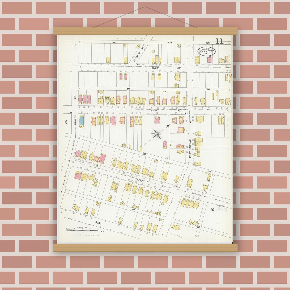 Old map wall art mockup — magnetic wood frame on brick wall — Sanborn Fire Insurance Map from Jeannette, Westmoreland County, Pennsylvania (1905), Sheet #0011