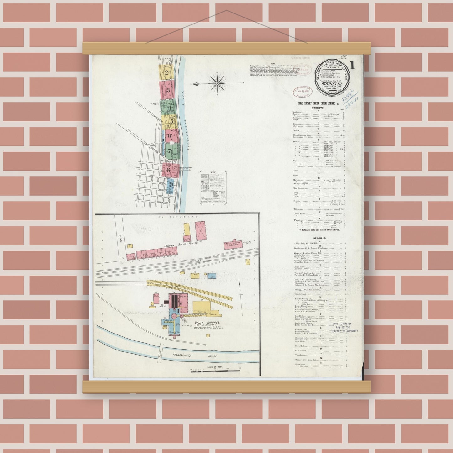 Old map wall art mockup — magnetic wood frame on brick wall — Sanborn Fire Insurance Map from Marietta, Lancaster County, Pennsylvania (1899), Sheet #0001