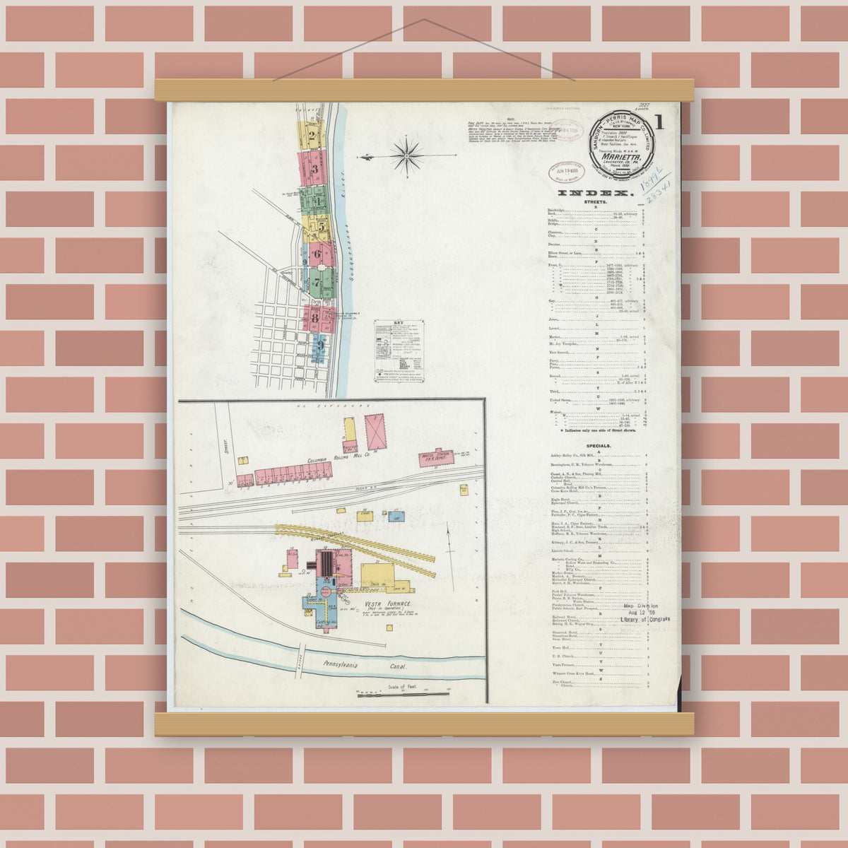 Old map wall art mockup — magnetic wood frame on brick wall — Sanborn Fire Insurance Map from Marietta, Lancaster County, Pennsylvania (1899), Sheet #0001