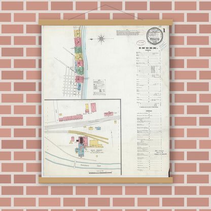 Old map wall art mockup — magnetic wood frame on brick wall — Sanborn Fire Insurance Map from Marietta, Lancaster County, Pennsylvania (1899), Sheet #0001