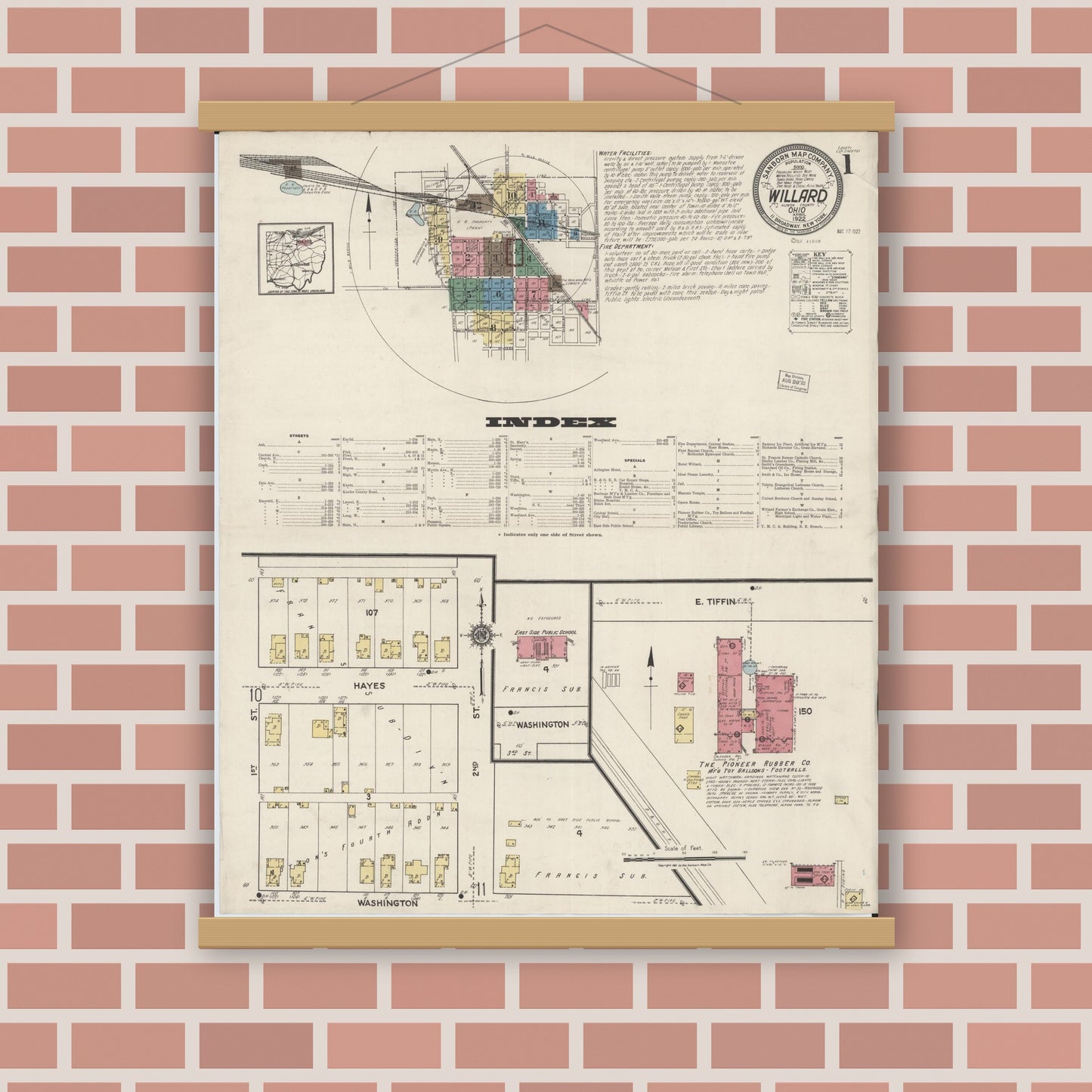 Old map wall art mockup — magnetic wood frame on brick wall — Sanborn Fire Insurance Map from Willard, Huron County, Ohio (1922), Sheet #0001