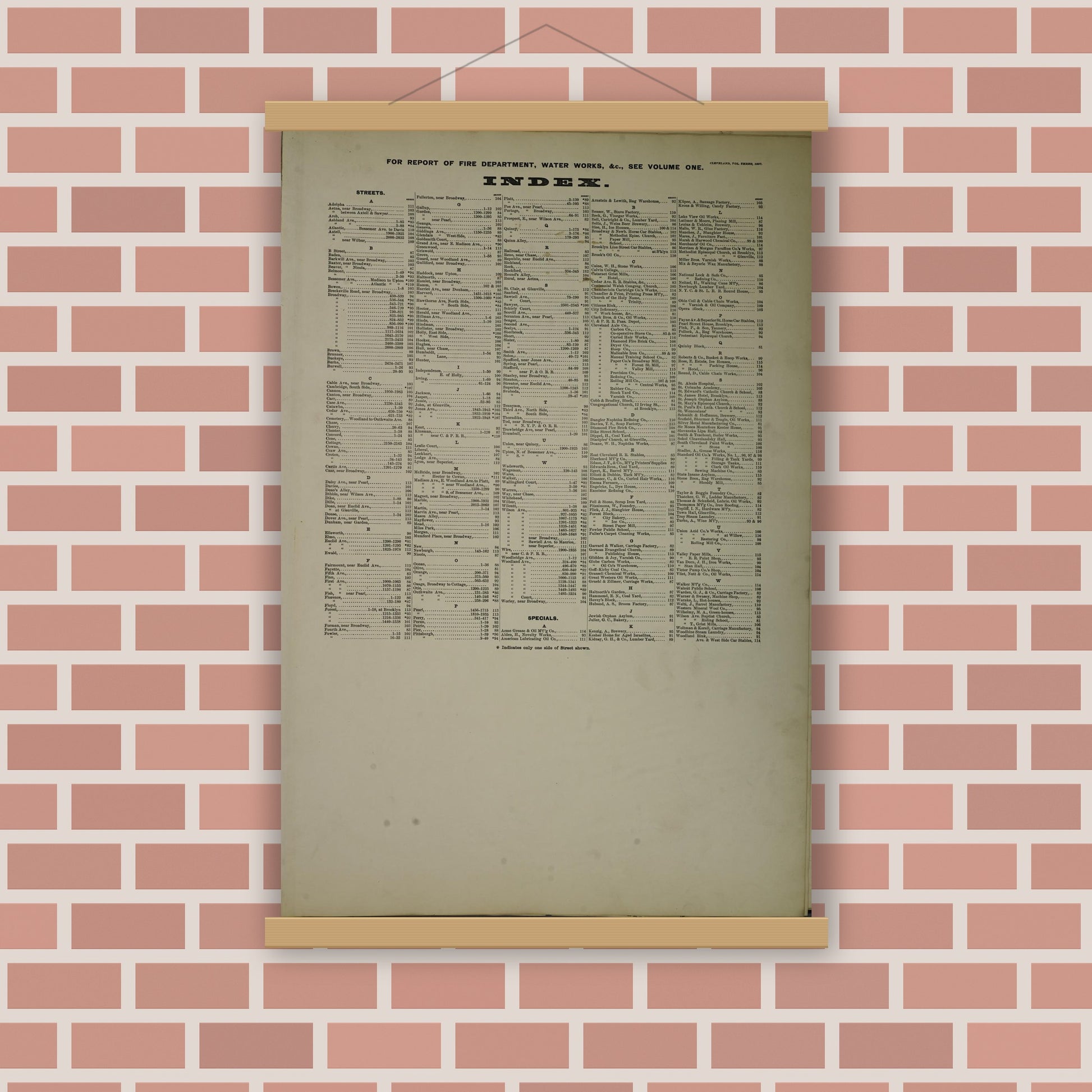 Old map wall art mockup — magnetic wood frame on brick wall — Sanborn Fire Insurance Map from Cleveland, Cuyahoga County, Ohio (1887), Sheet #0001