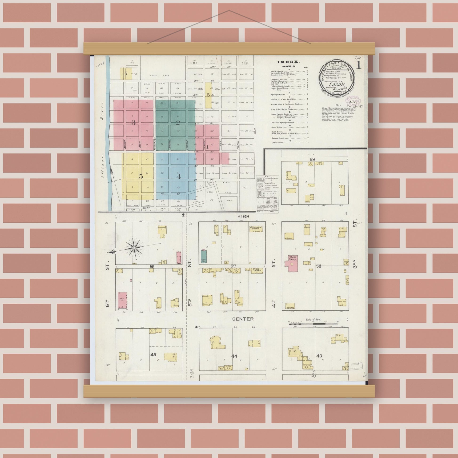 Old map wall art mockup — magnetic wood frame on brick wall — Sanborn Fire Insurance Map from Lacon, Marshall County, Illinois (1893) - Complete Map Set