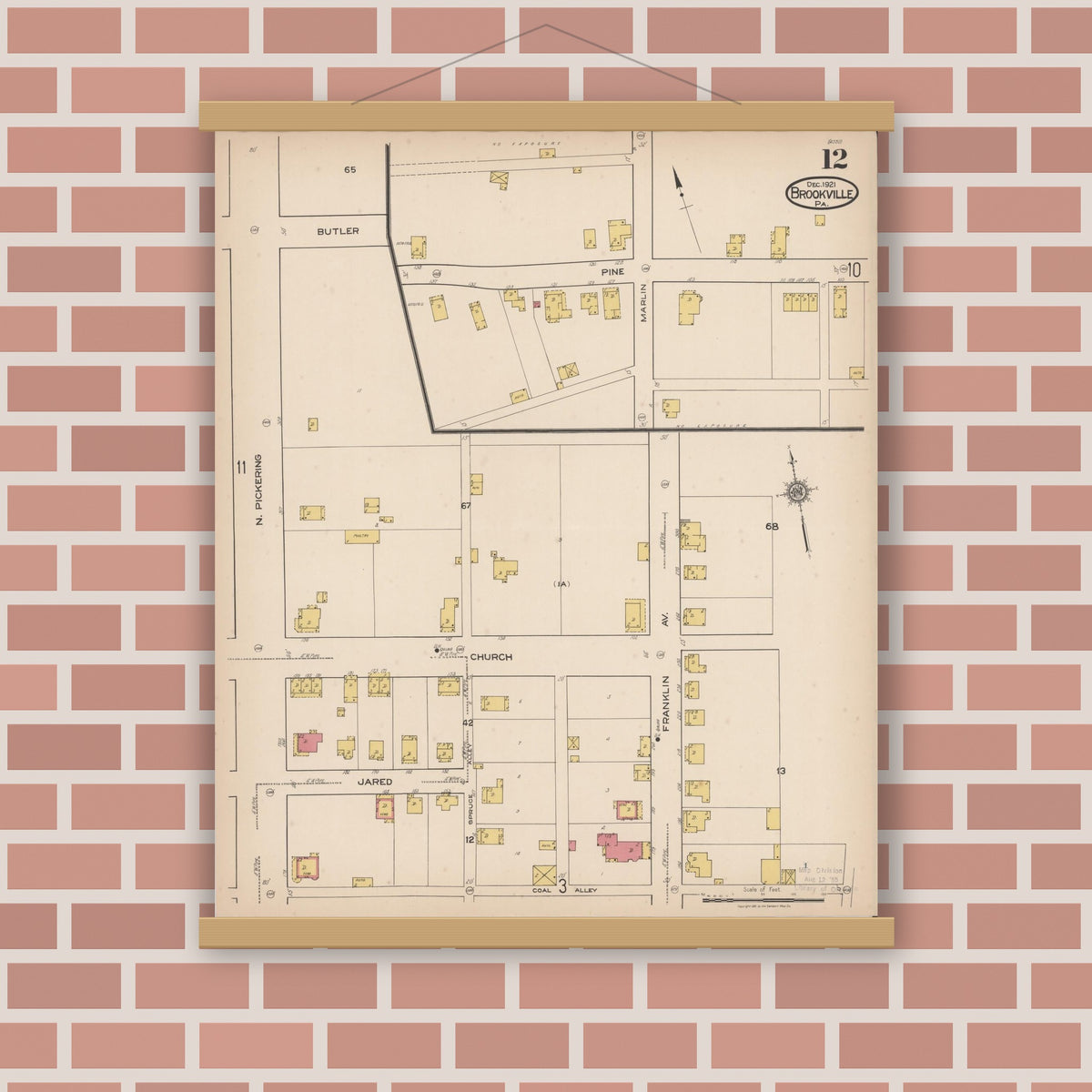 Old map wall art mockup — magnetic wood frame on brick wall — Sanborn Fire Insurance Map from Brookville, Jefferson County, Pennsylvania (1921), Sheet #0012