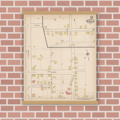 Old map wall art mockup — magnetic wood frame on brick wall — Sanborn Fire Insurance Map from Brookville, Jefferson County, Pennsylvania (1921), Sheet #0012