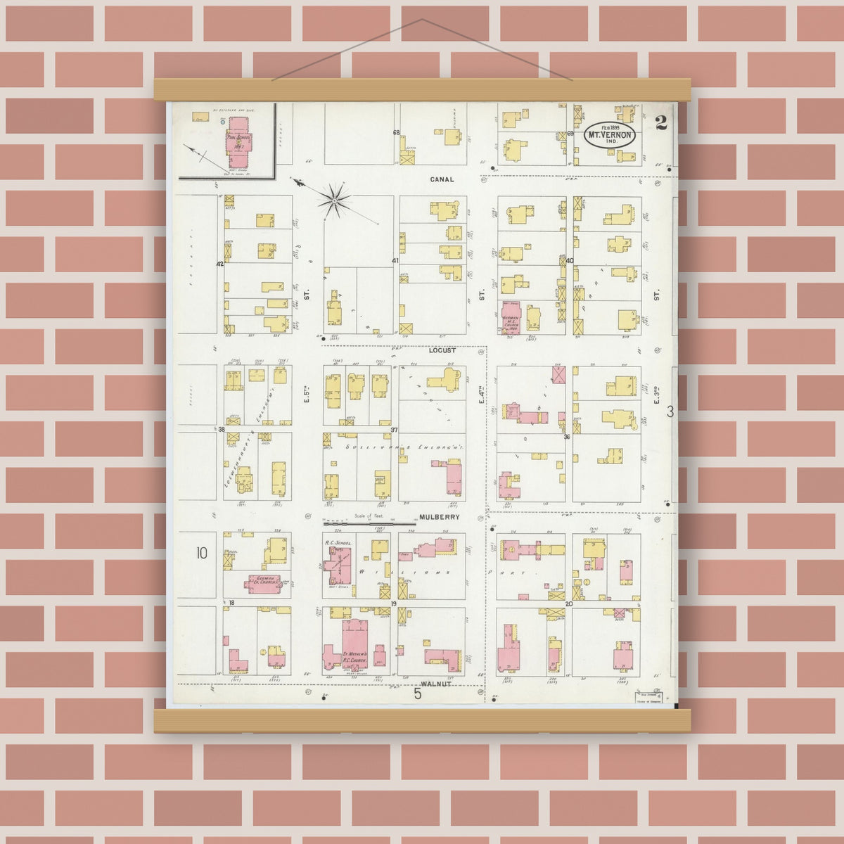 Old map wall art mockup — magnetic wood frame on brick wall — Sanborn Fire Insurance Map from Mount Vernon, Posey County, Indiana (1899), Sheet #0002